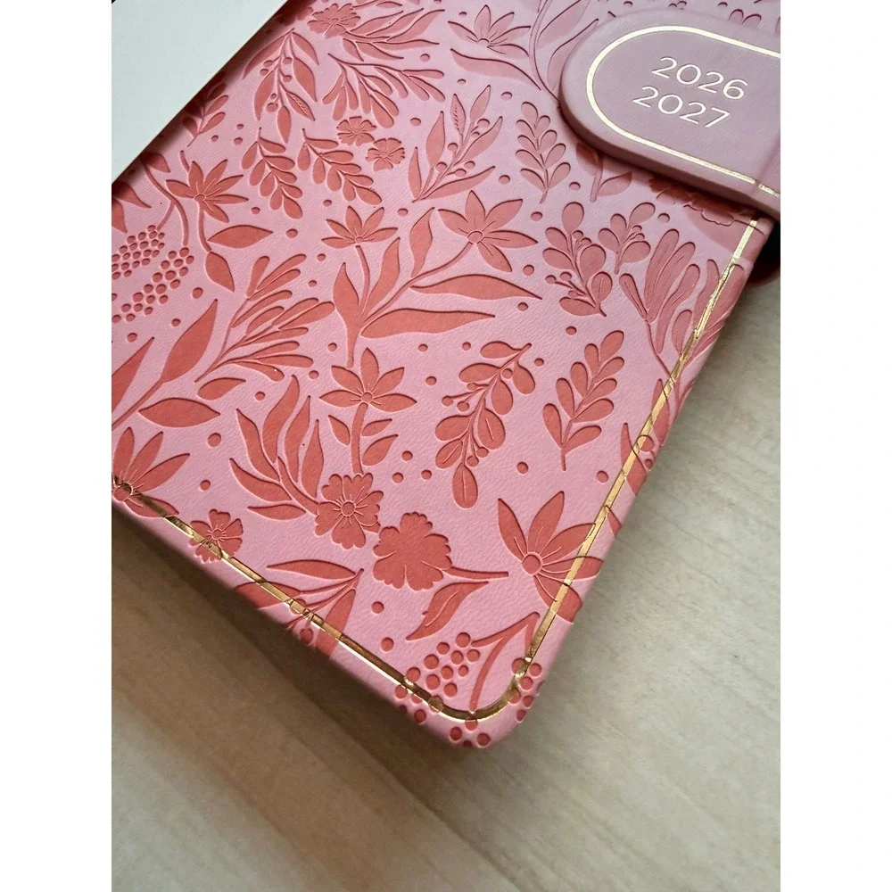 Papyrus 2026-2027 18-Month Faux Leather Planner Pink Floral Gold Leaf Edge NWT